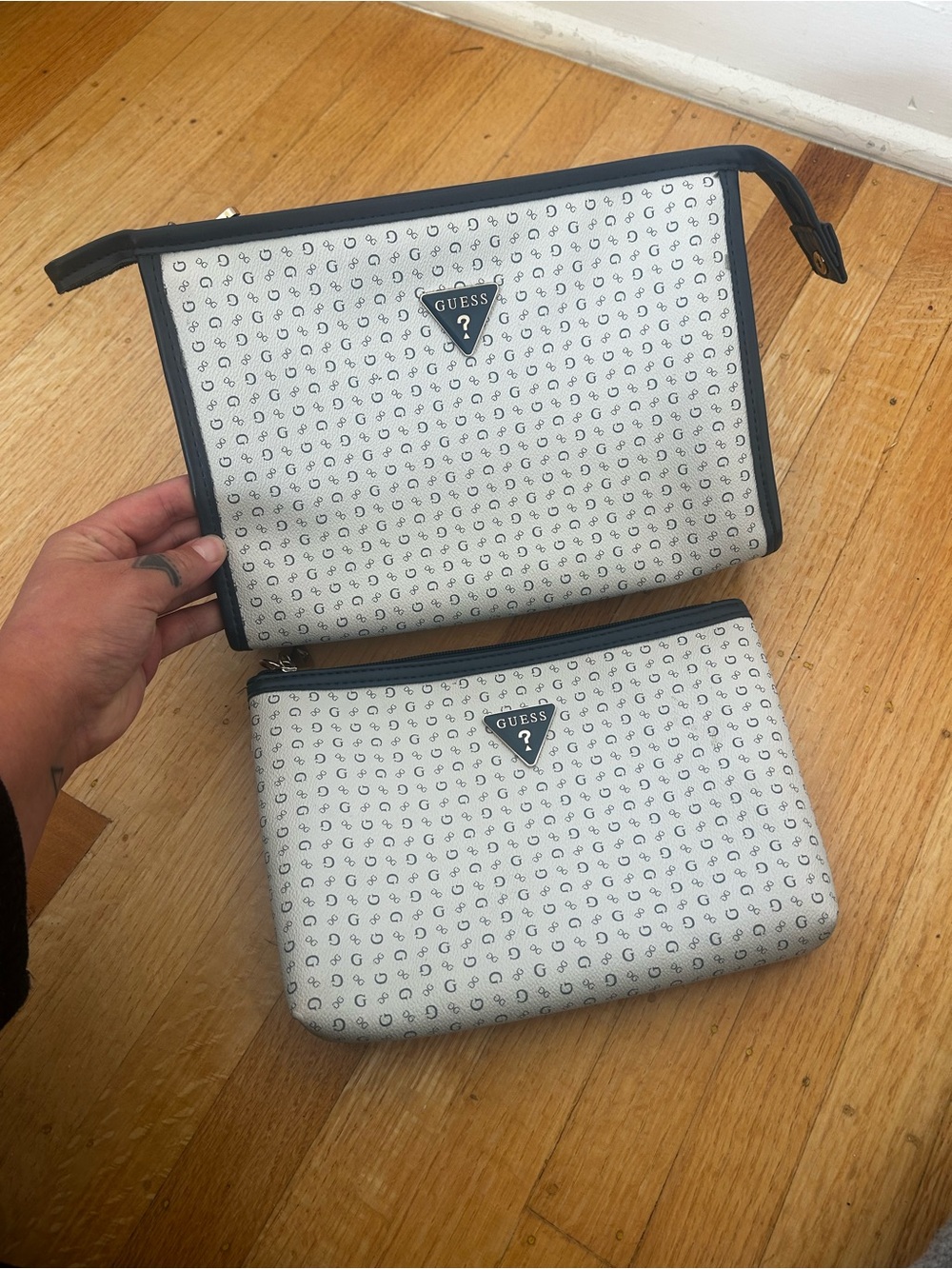 GUESS White and Black Monogram Toiletry Pouch Duo